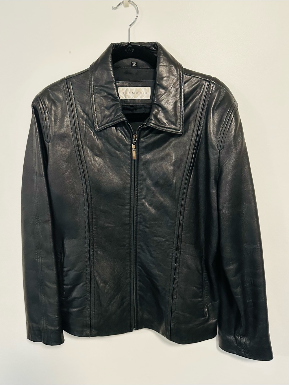 Jones New York Black Leather Zip-Up Jacket